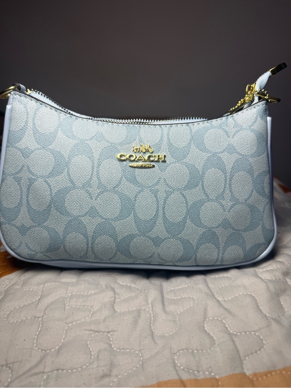 Coach Light Blue Signature Wristlet Clutch with Gold Logo